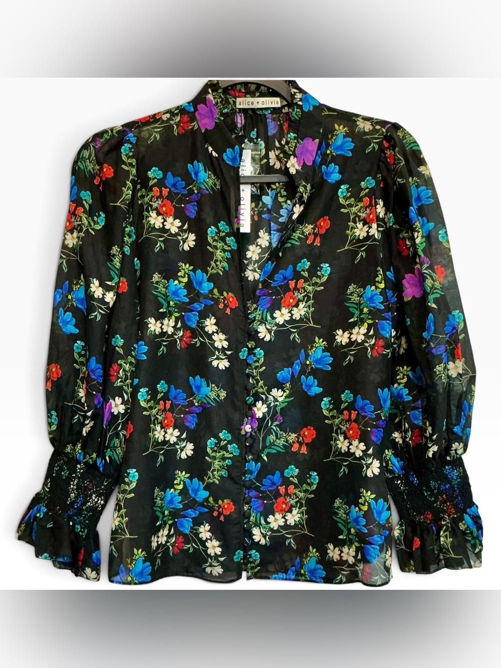 Alice + Olivia Ilan Top S Beautiful Blooms Floral Silk Cotton Semi Sheer Top NWT